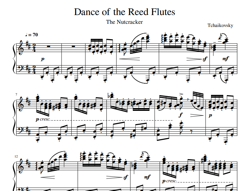 Tchaikovsky - Dance of the Reed Flutes sheet music for piano